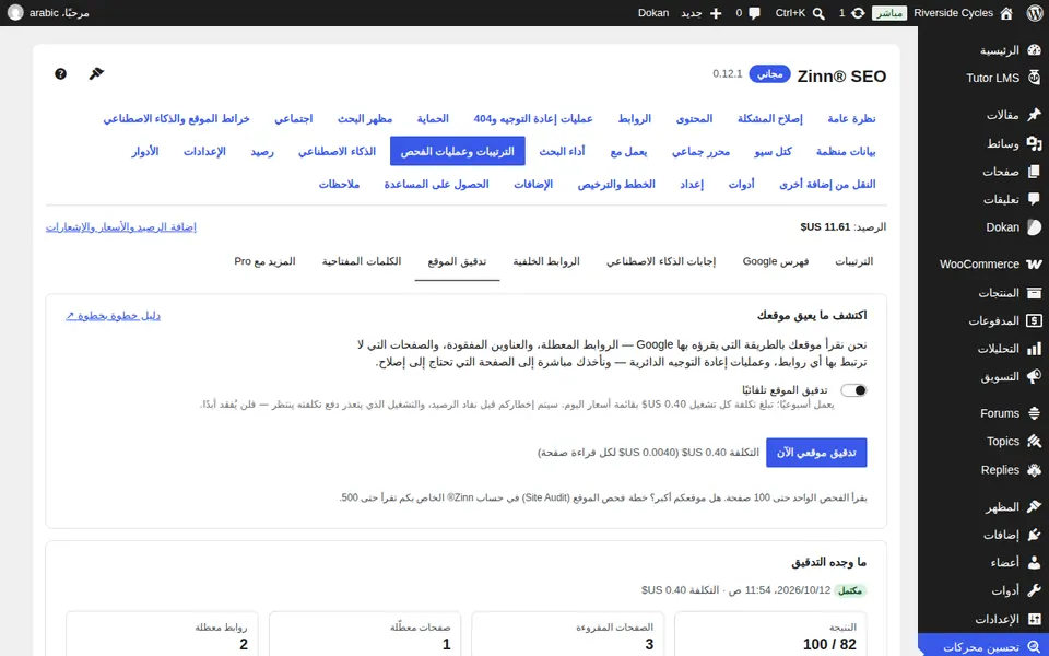 افتح علامة تبويب تدقيق الموقع