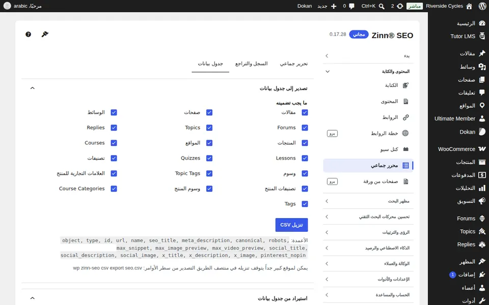 علامة تبويب جدول البيانات