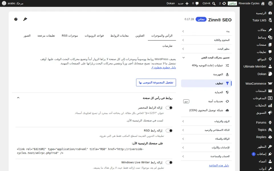 علامة التبويب الرأس والموجزات