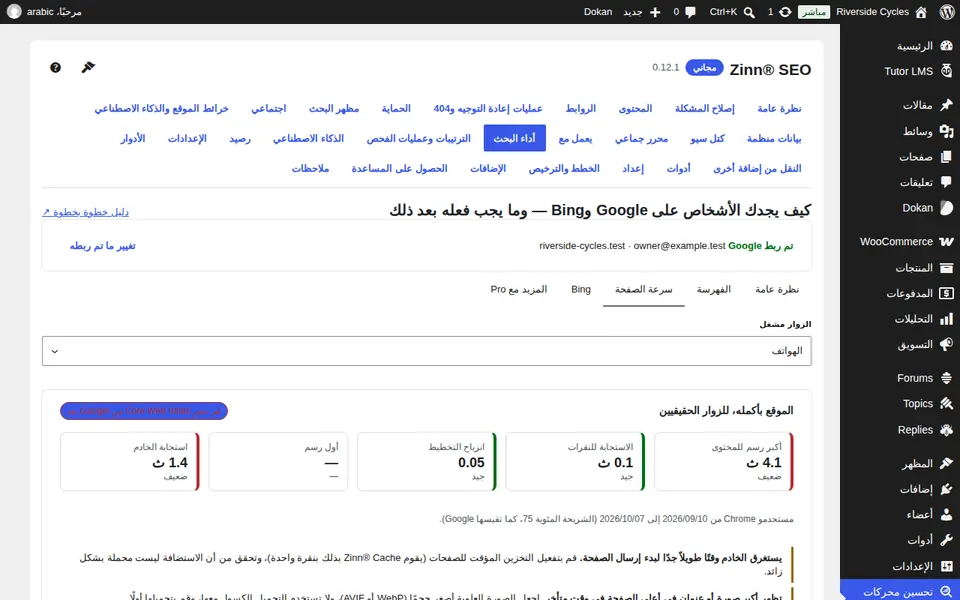 افتح علامة تبويب سرعة الصفحة