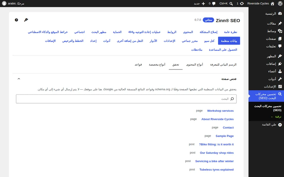 علامة تبويب فحص البيانات المنظمة مع نتائج الصفحة