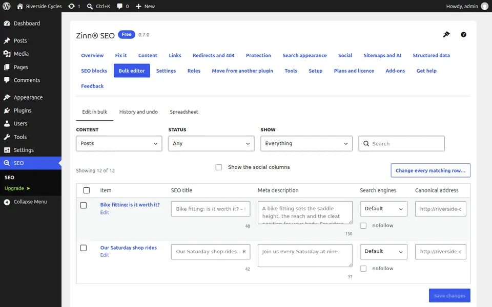 El editor masivo: títulos SEO, metadescripciones y direcciones canónicas para muchas entradas en una sola tabla