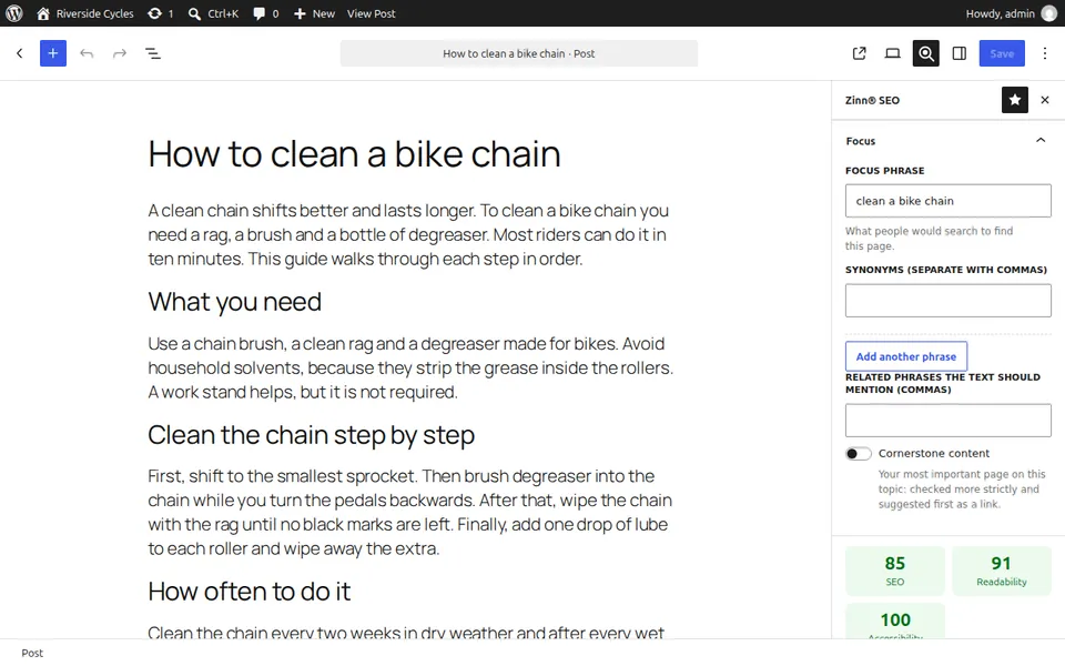 The WordPress block editor with the sidebar named Zinn® SEO open, showing the focus phrase and readability checks