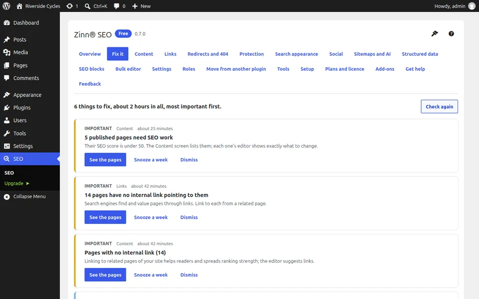 Der Zinn® SEO Fix it-Bildschirm in WordPress: Eine priorisierte Liste der websiteübergreifend zu behebenden Probleme
