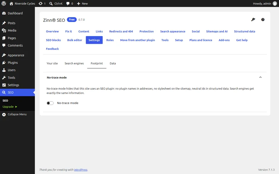 La configuración de Footprint, donde se activa o desactiva el modo sin rastros
