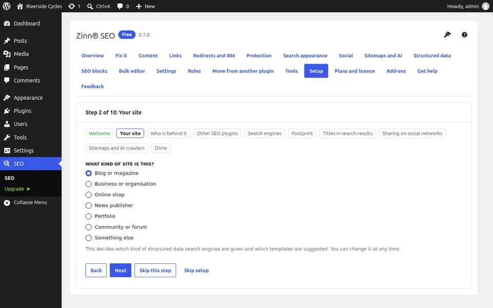 The guided setup asking what kind of site this is