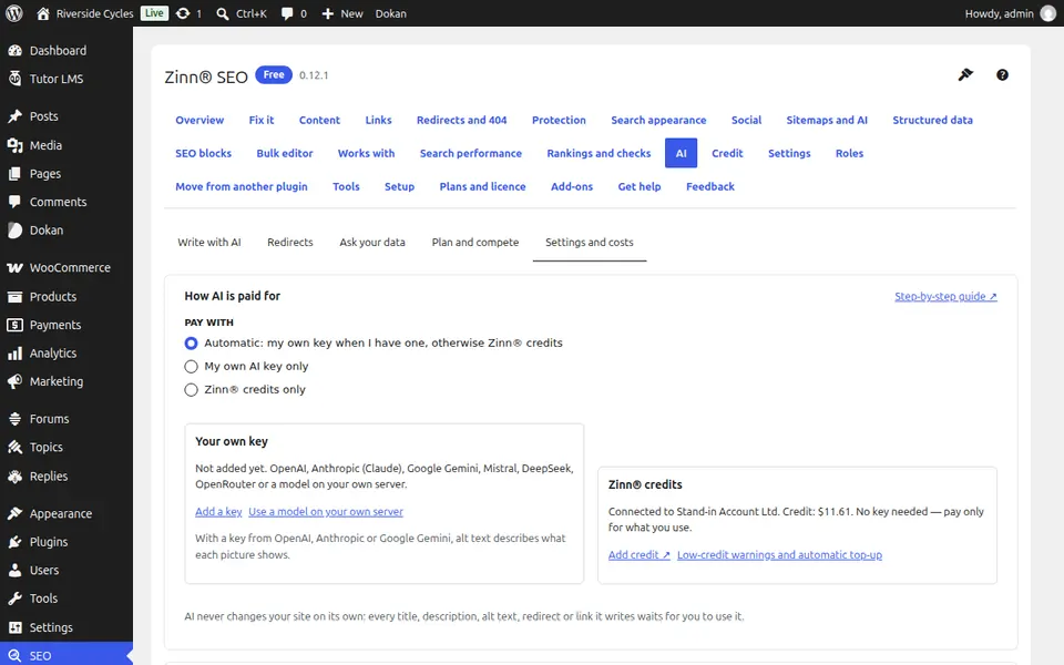 Abrir configurações e custos