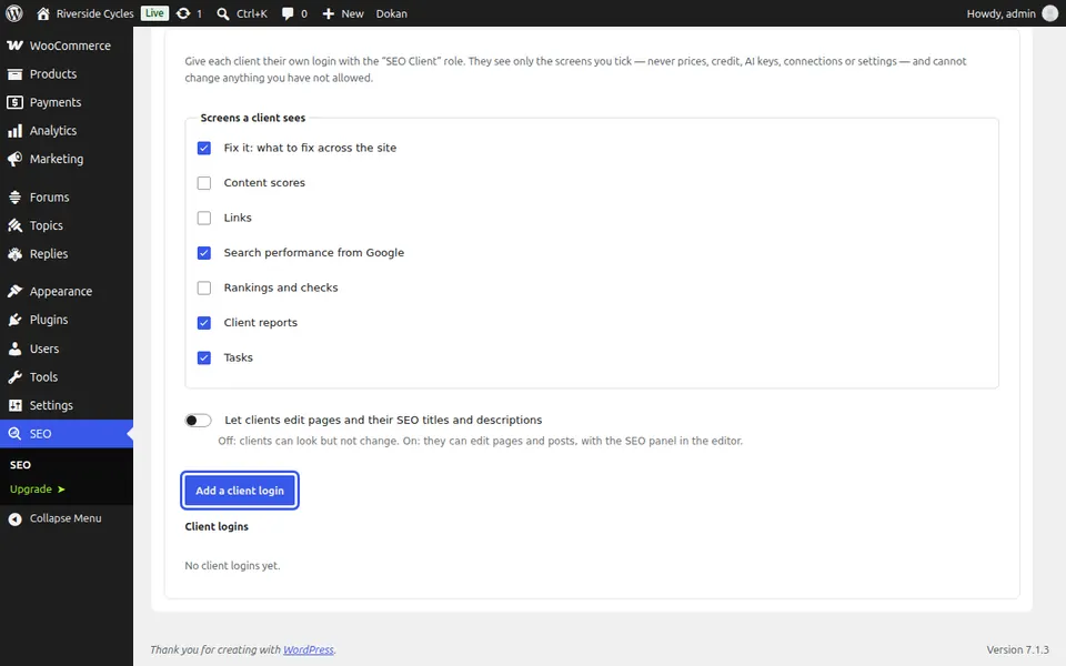 Adicionar login de cliente