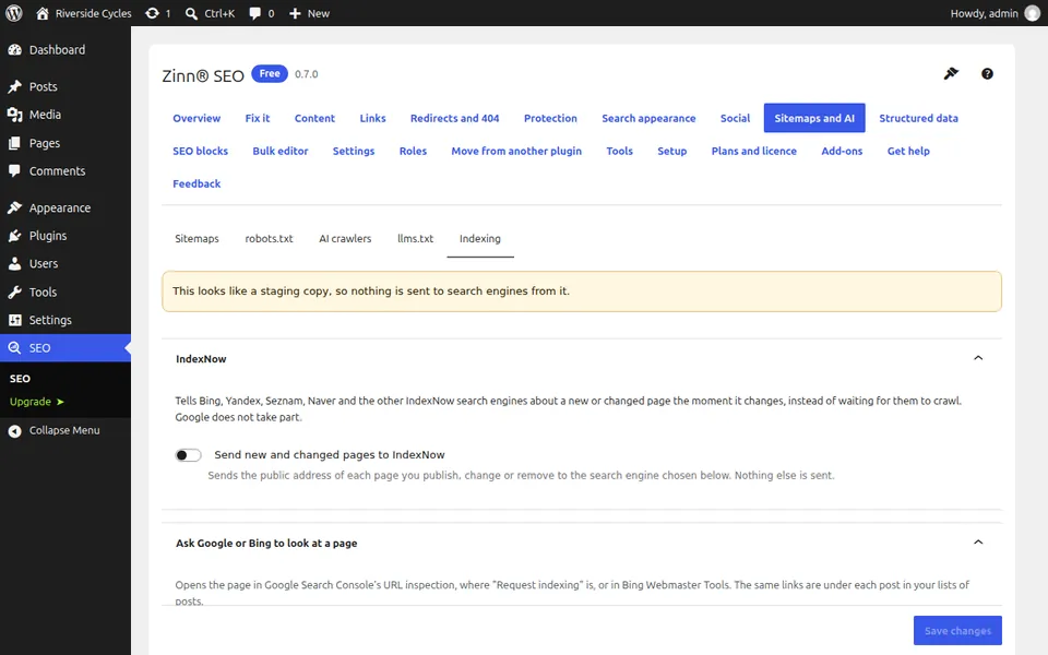 La pestaña Indexación: el interruptor de IndexNow, con un aviso de que una copia de prueba no envía nada a los motores de búsqueda