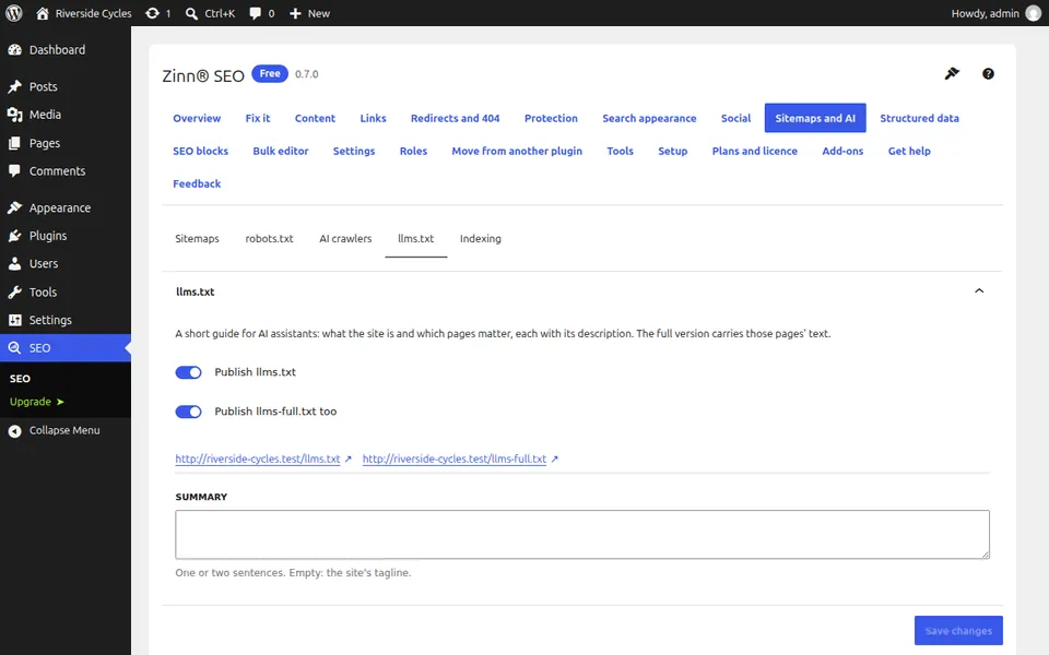 L’onglet llms.txt : publiez llms.txt et llms-full.txt, les pages clés et un aperçu du fichier