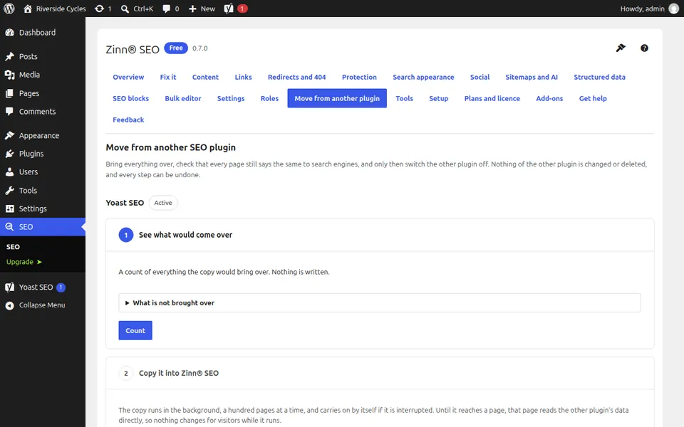 La pantalla «Migrar desde otro plugin de SEO» que muestra el plugin de SEO encontrado en el sitio