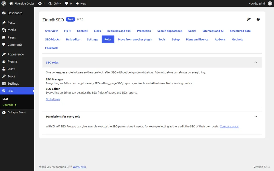 The Roles screen showing the SEO Manager and SEO Editor roles