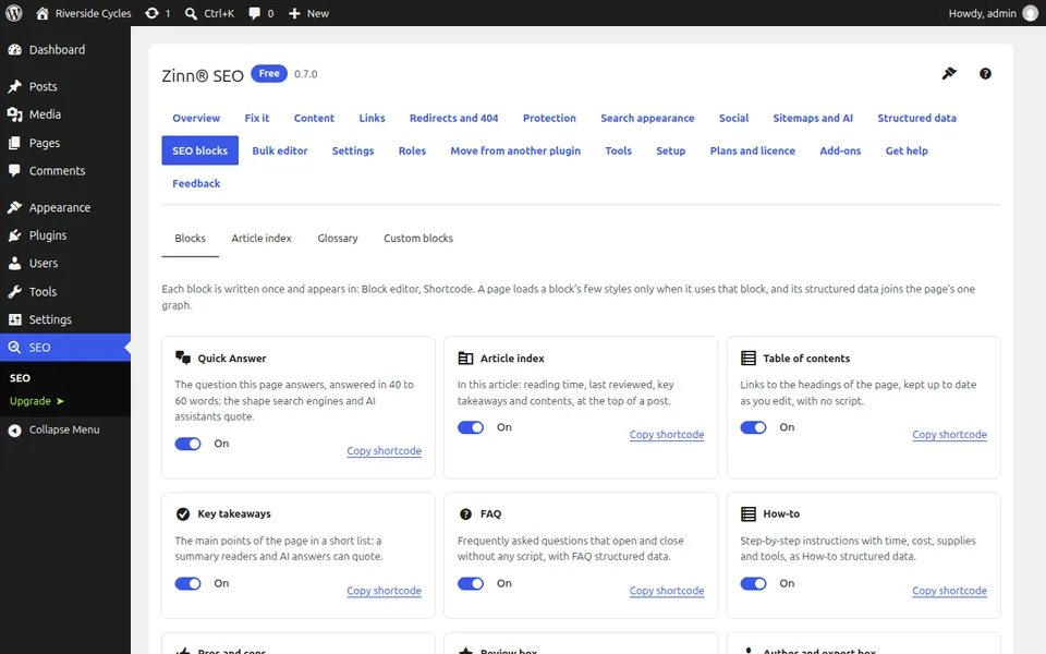 La pantalla de bloques SEO que enumera los bloques que Zinn® SEO agrega a cada editor