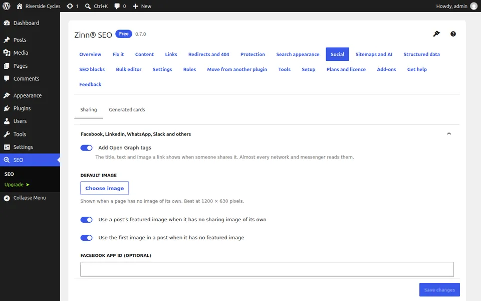 The Social screen: the default sharing image and settings