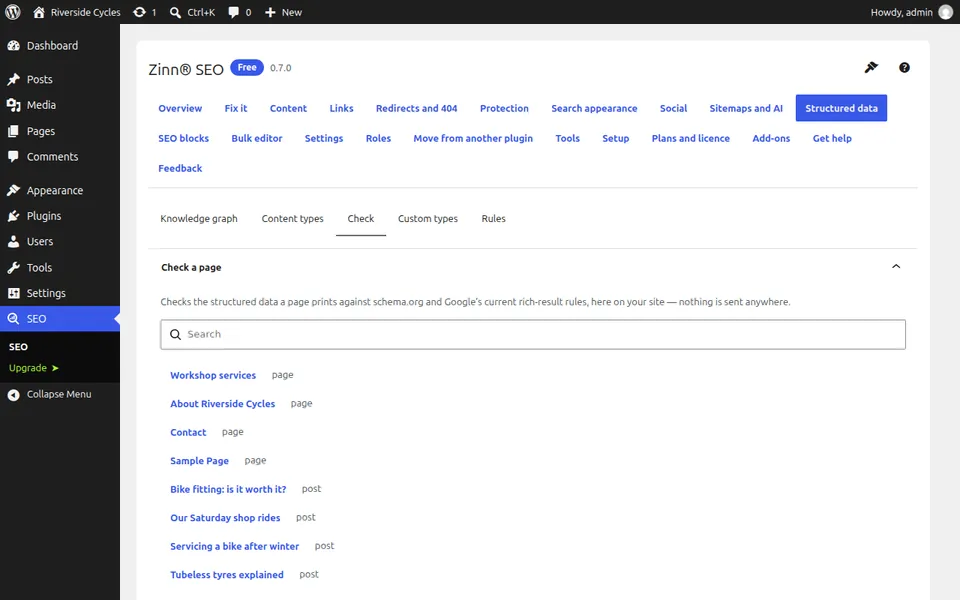 The structured data Check tab with a page's results