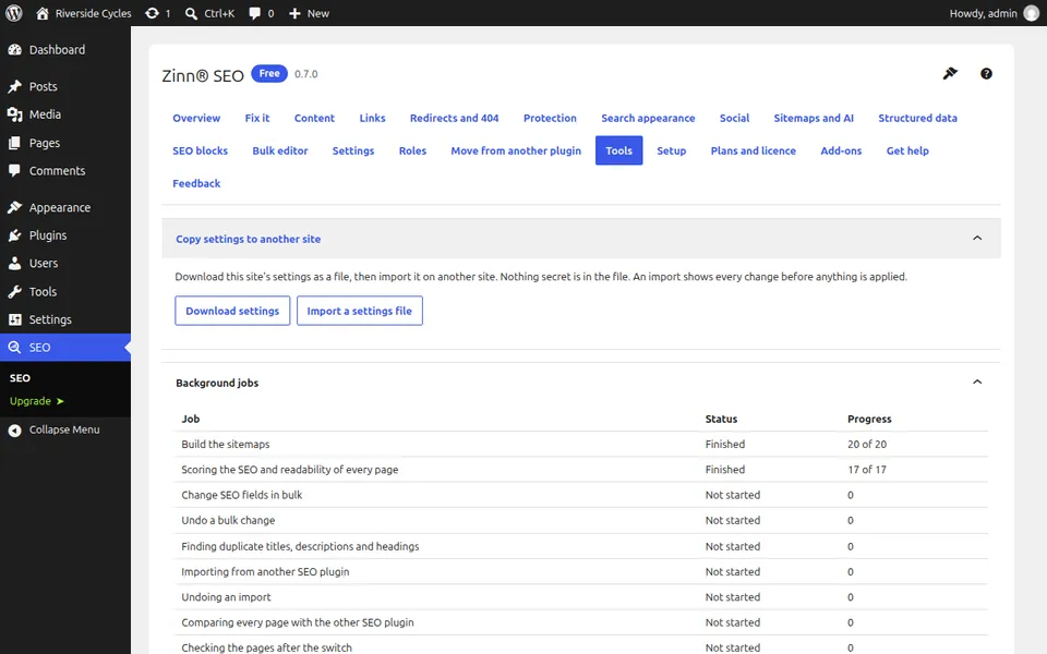 The Tools screen: copy settings to another site, and background jobs